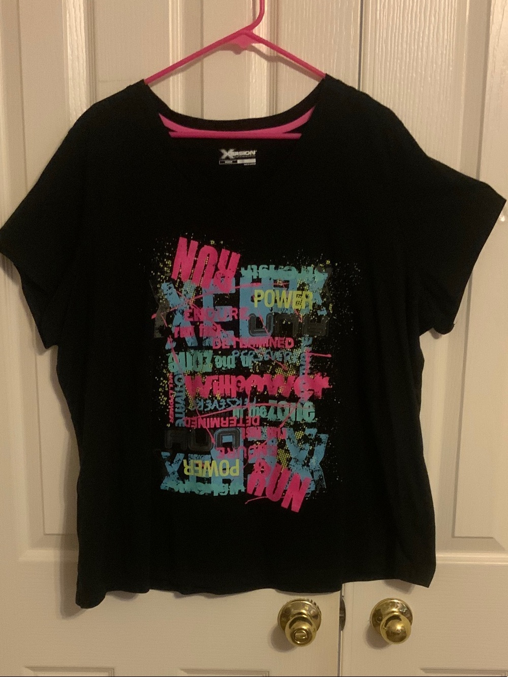 Xersion Black Run Vee-Neck Graphic Tee with Pink & Blue Accents - 3X